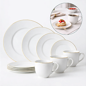 Aparelho de Jantar 20 Peças, Opalino Branco com Borda Dourada, Inclui Xícaras e Pires