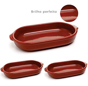 3 Travessa Assadeira Cerâmica Oval 350ml - 24,5x13 Cm