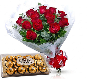 028 - Buquê com 12 rosas + Chocolate