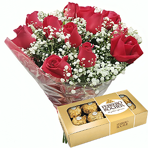 Buquê com 12 rosas vermelhas + Ferrero 8