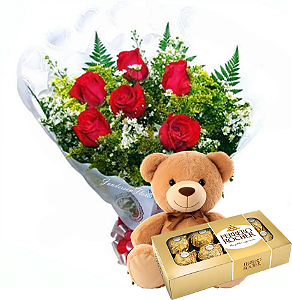 Buquê com 6 rosas vermelhas, pelucia e Ferrero rocher 8 unidades