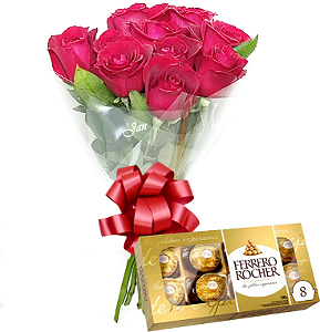 128 - Buquê 12 rosas + Ferrero rocher