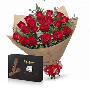 066 - Buquê com 18 rosas + Chocolate lingua de gato