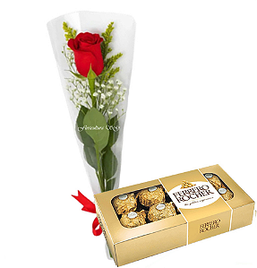 1 Rosa vermelha embalada e Ferrero rocher 8 unidades