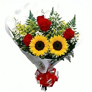 A67 - Buquê com 4 rosas e 2 girassois