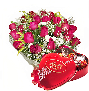 Buquê com 24 rosas vermelhas e Chocolate Lindt Coração com 50g