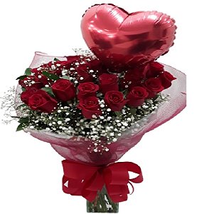 A51 - Buquê com 24 rosas vermelhas e balão coração