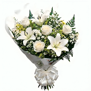 JF069 - Buquê com lirios e rosas brancas