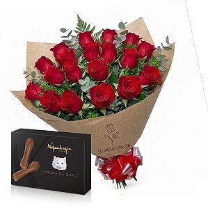 081 - Buquê com 24 rosas + chocolate lingua de gato
