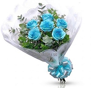 025 - Buquê com 6 rosas azuis