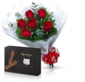 105 - Buquê com 6 rosas + chocolate