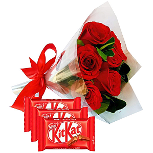 Buquê 6 rosas e kit kat