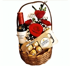A44 - Cesta com rosas, vinho e chocolate