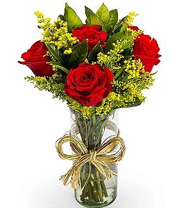 Arranjo com 6 Rosas vermelhas, tango em Vaso de Vidro