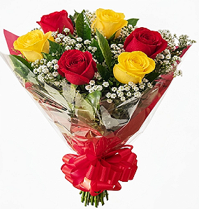 Buquê com 6 Rosas vermelha e amarela no Celofane e Laço
