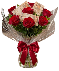 Buquê com 7 Rosas Vermelhas e Dinheiro