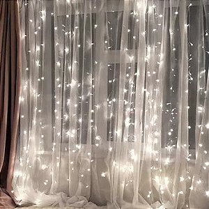 Cortina 300 Led Fixa 8 Funções 3,0m X 2,0m Casamento, Festa e Decoração de Natal Branco Frio 110v