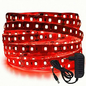 Fita LED 5 Metros 12v 3528 Vermelho 120 Leds Sem Silicone IP20 + Fonte