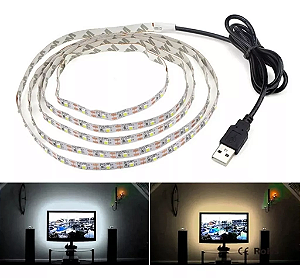 Fita LED Para TV 5050 3 Metros Siliconada IP65 5v USB Branco Quente