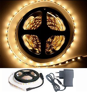 Fita LED 3528 120 Leds Sem Silicone IP20 5 Metros Branco Quente 3000k + Fonte