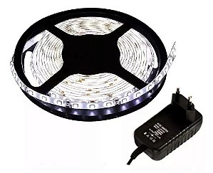 Fita LED 3528 120 Leds Sem Silicone IP20 5 Metros Branco Frio 6000k + Fonte