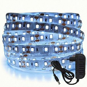 Fita LED 5 Metros 12v 3528 Branco Frio 120 Leds Sem Silicone IP20 + Fonte