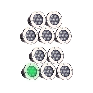 Kit 10 Spot Balizador LED 7W Embutir Para Chão Jardim e Piso Verde IP67 A Prova D'Agua