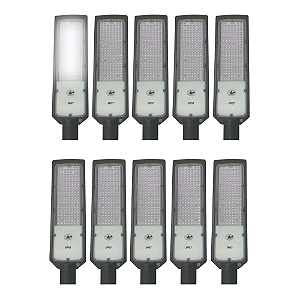 Kit 10 Luminária Publica LED 50W Para Poste SMD Com Base e Relê Fotocélula IP67 Branco Frio 6000k