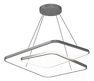 Luminária Lustre LED Prata Quadrado 2 Aros com Controle - 3 Cores