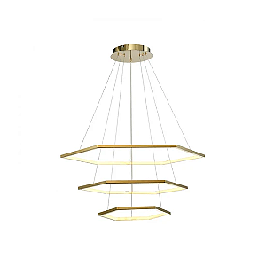 Pendente LED Hexagonal 3 Anéis Aros Dourado Branco Quente 3000K