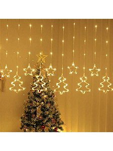 Cortina Fio Fada Pisca Pisca Led 3 Metros Estrela e Árvore Enfeites decoração Natal 110v Branco Quente 3000K