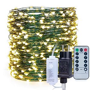 Luz LED Fio Fada Natal Cordão Verde 50m 500leds IP44 Com Controle Branco Quente 3000k
