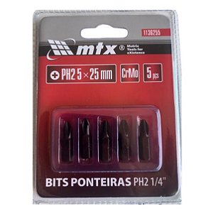 BITS PH2 1/4 5 X 25 MM, ACO CRV, 5 PECAS // MTX