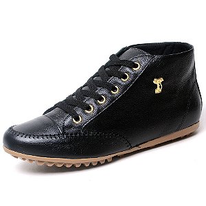 BOTA RASTEIRA FEMININA COURO LEGÍTIMO COM BROCHE GATO - PRETA