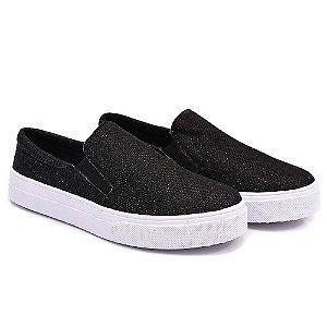 TÊNIS SLIP ON FEMININO TECIDO BRILHO - PRETO