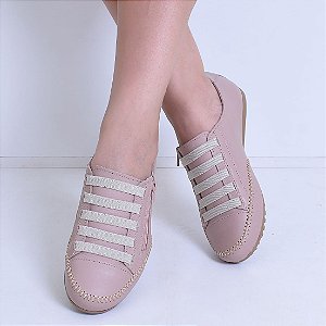 SAPATÊNIS FEMININO DE COURO COM ZÍPER COR NUDE