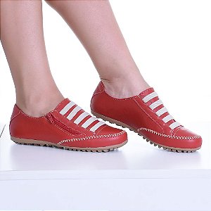 SAPATÊNIS FEMININO DE COURO COM ZÍPER VERMELHO