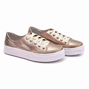 TÊNIS FEMININO EM COURO LEGÍTIMO PRATA VELHA AJUSTE CADARÇO