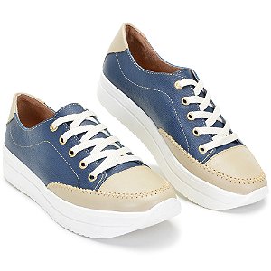 TÊNIS FEMININO SOLA ALTA PLATAFORMA EM COURO LEGÍTIMO AZUL MARINHO
