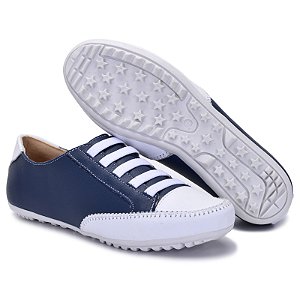 SAPATÊNIS FEMININO EM COURO LEGÍTIMO BRANCO E AZUL MARINHO