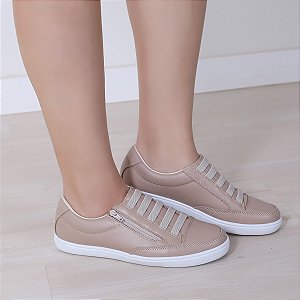 Tênis Feminino Nude em Couro Leve e Confortável com zíper