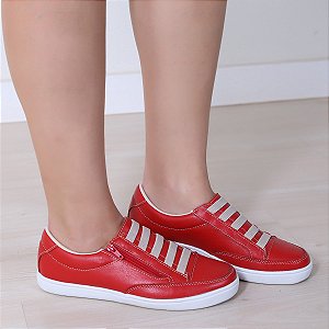 Tênis Feminino Vermelho em Couro Leve e Confortável com zíper