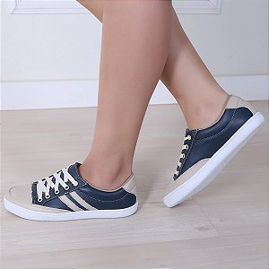 Tênis Feminino Azul Marinho com Listra em Couro Leve e Confortável