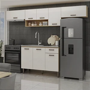 Cozinha Modulada Essência Freijó/Off White Laka Brilho 100% MDF