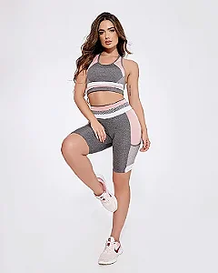 KIT BERMUDA MOTIVATION COM BOLSO E TOP FITNESS - CINZA ROSE
