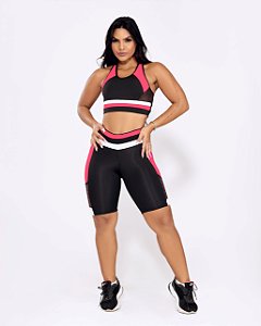 CONJUNTO BERMUDA MOTIVATION COM BOLSO E TOP FITNESS - PRETO ROSA RACE