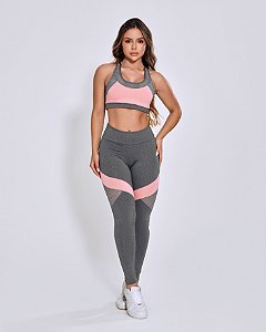 CONJUNTO ACADEMIA TOP E LEGGING- CINZA ROSE-