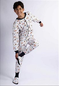 PIJAMA MACACÃO INF. E TEEN CACHORRO ASTRONÁUTA BRANCO FELPA