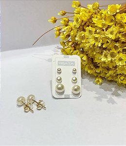 trio de brinco pérola folheado a ouro 18k