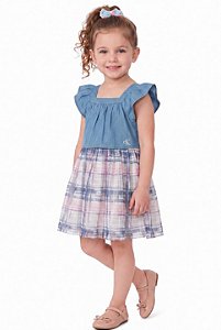 Vestido Infantil Calvin Klein – Chambray com Saia de Tule Xadrez